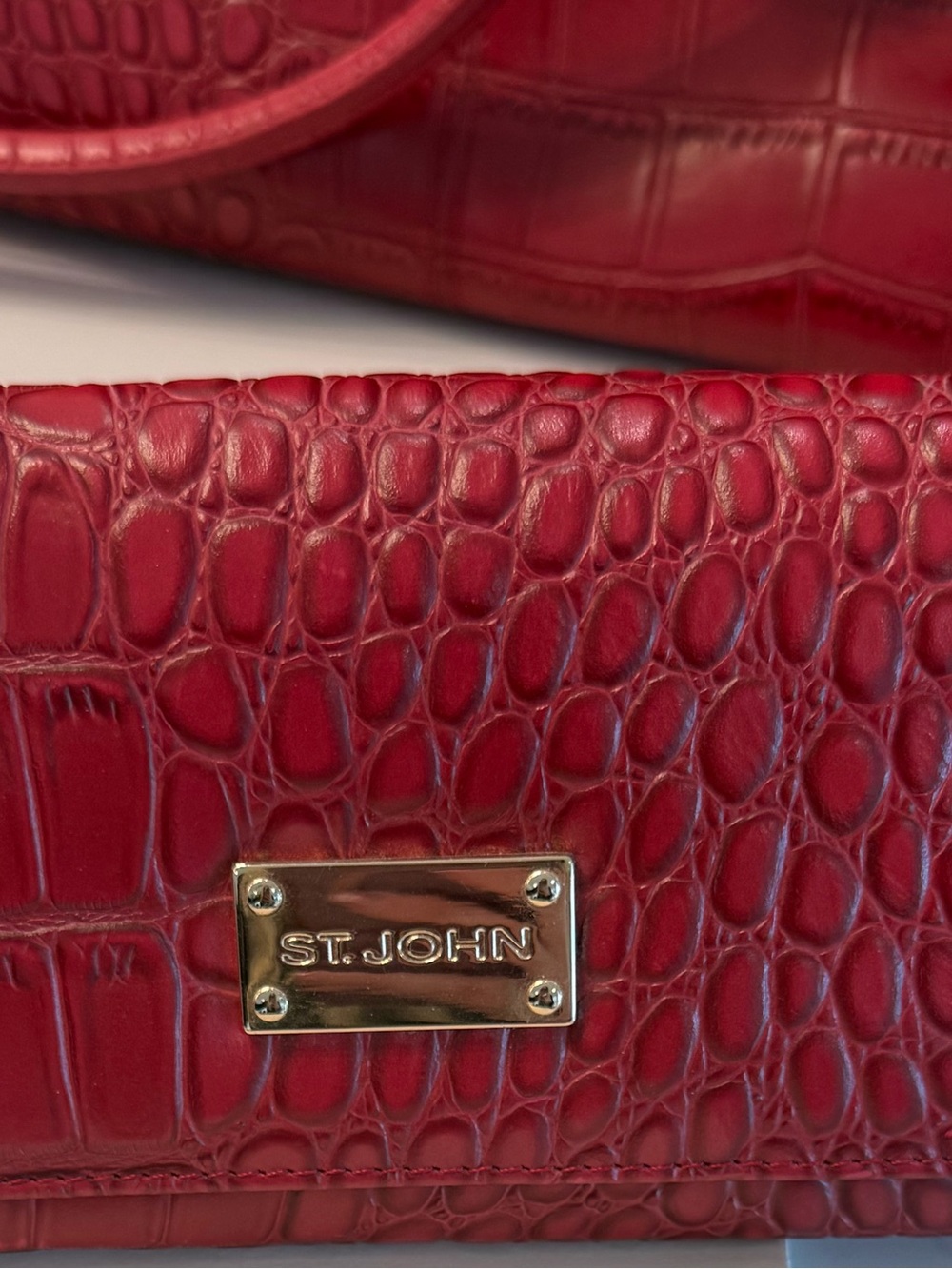 St. John Red Croc-Embossed Leather Continental Wallet with Gold Plaque